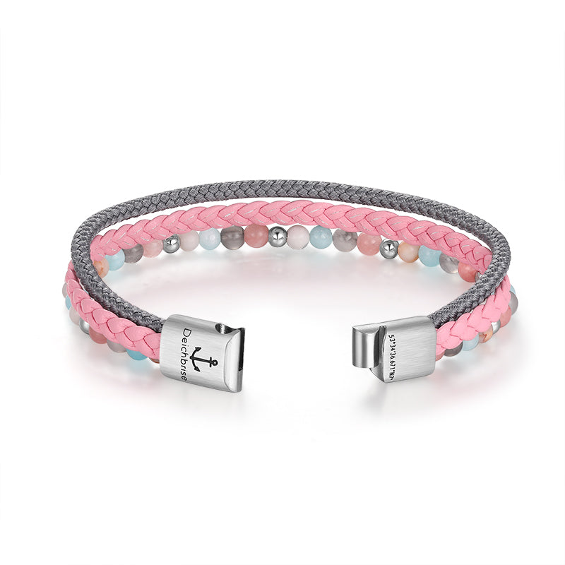 Armband Pellworm 2 (Multistrang) Leder, Segelseil, Pink Jade, Quarz-Kristall & Roter Netz Jaspis