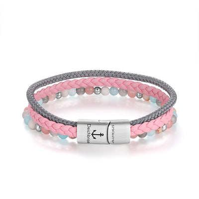 Armband Pellworm 2 (Multistrang) Leder, Segelseil, Pink Jade, Quarz-Kristall & Roter Netz Jaspis