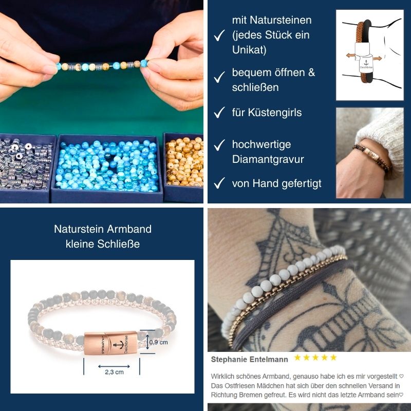 Armband Joleen (Multistrang) Leder, Segelseil, Quarz Kristall, Jade & Edelstahl Beads