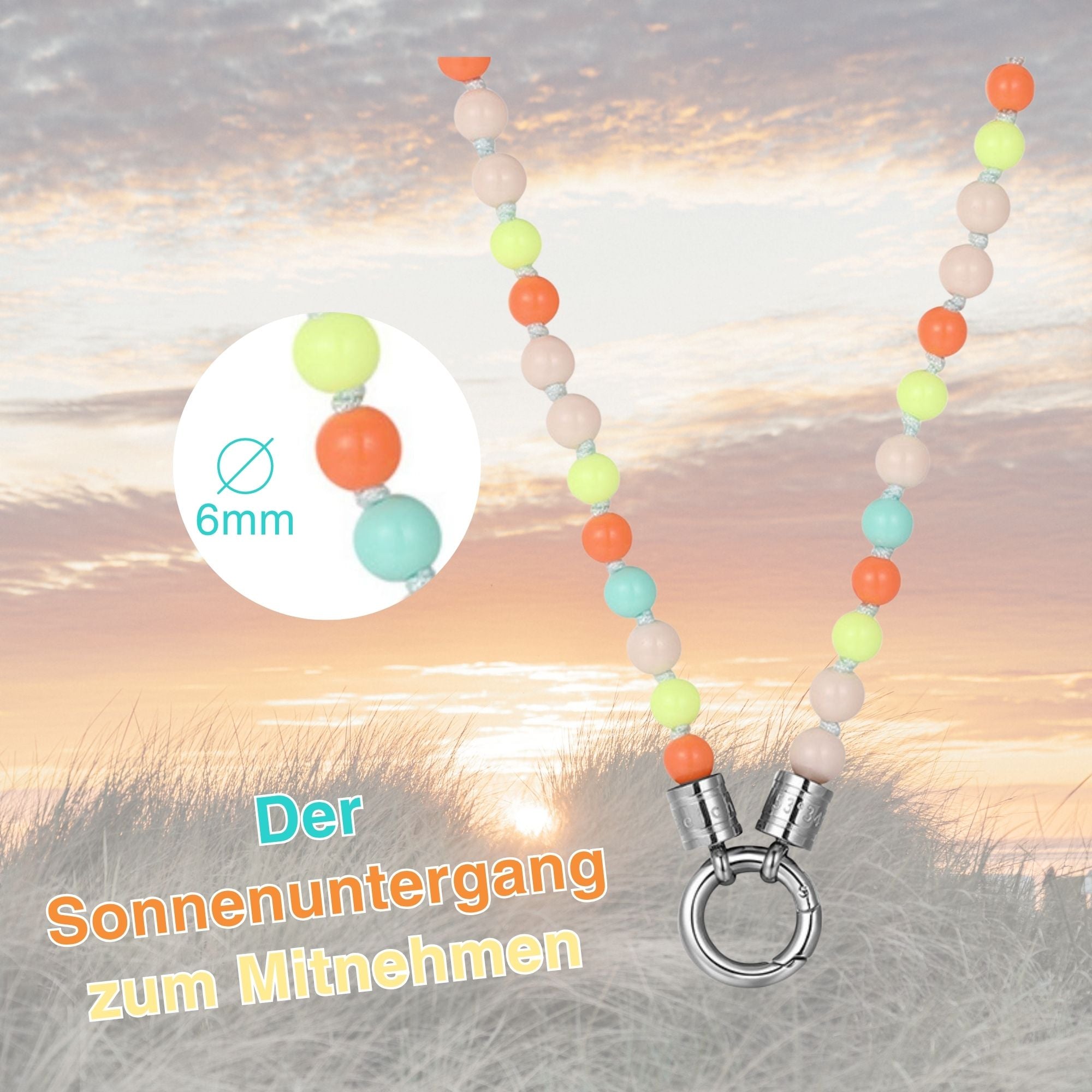 Kette Summer Sunset 6mm (mit Rund-Karabiner) aus Edelstahl, Glasperlen & Acrylperlen