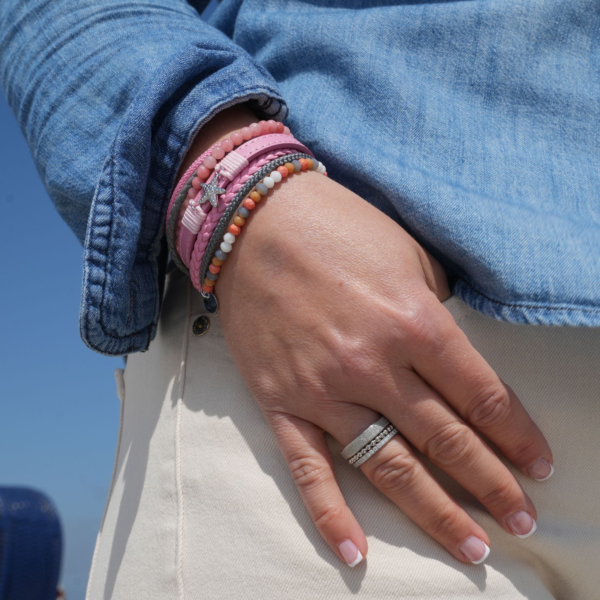 Armband Seestern (Multistrang) mit Segelseil, Leder & Pink Jade