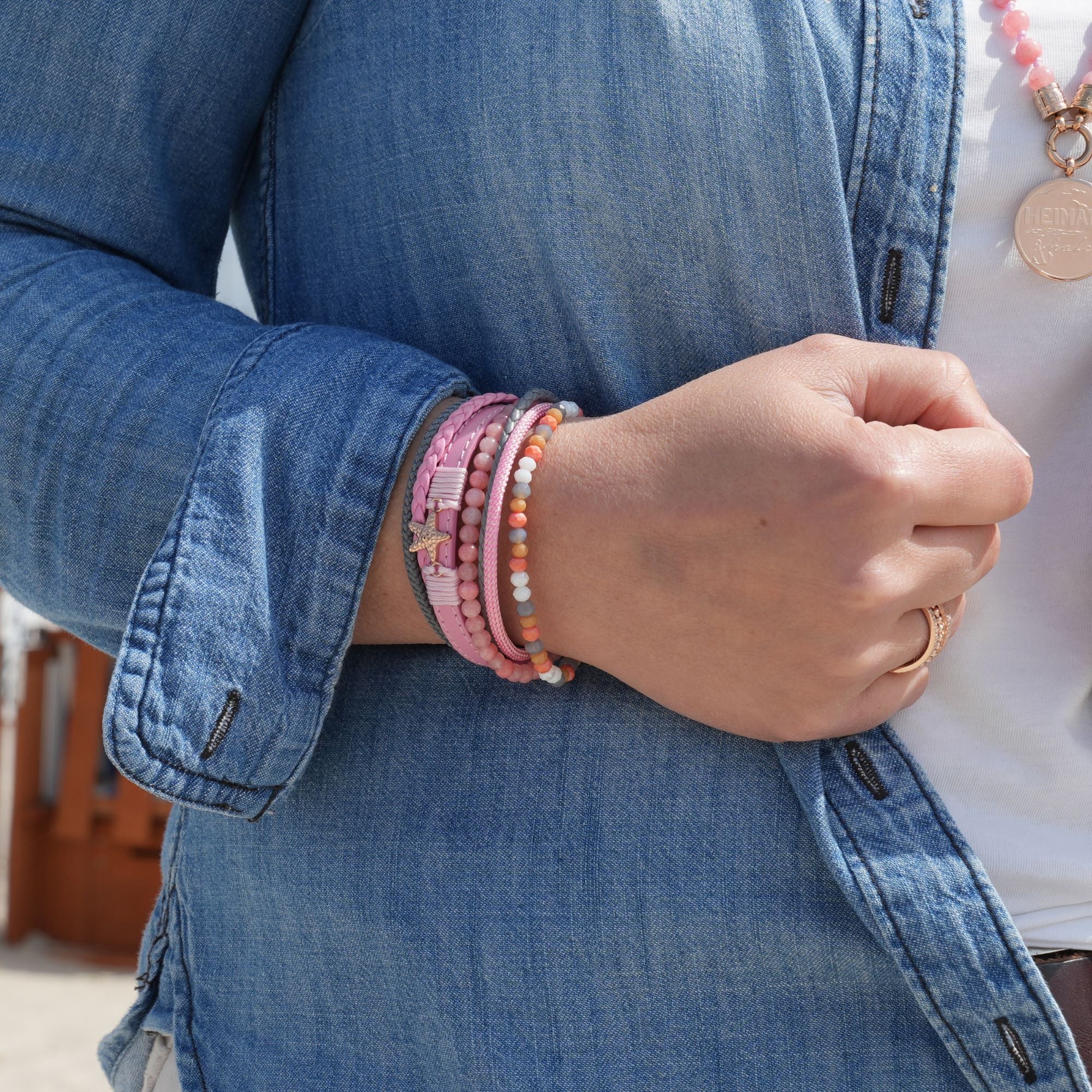 Armband Seestern (Multistrang) mit Segelseil, Leder & Pink Jade