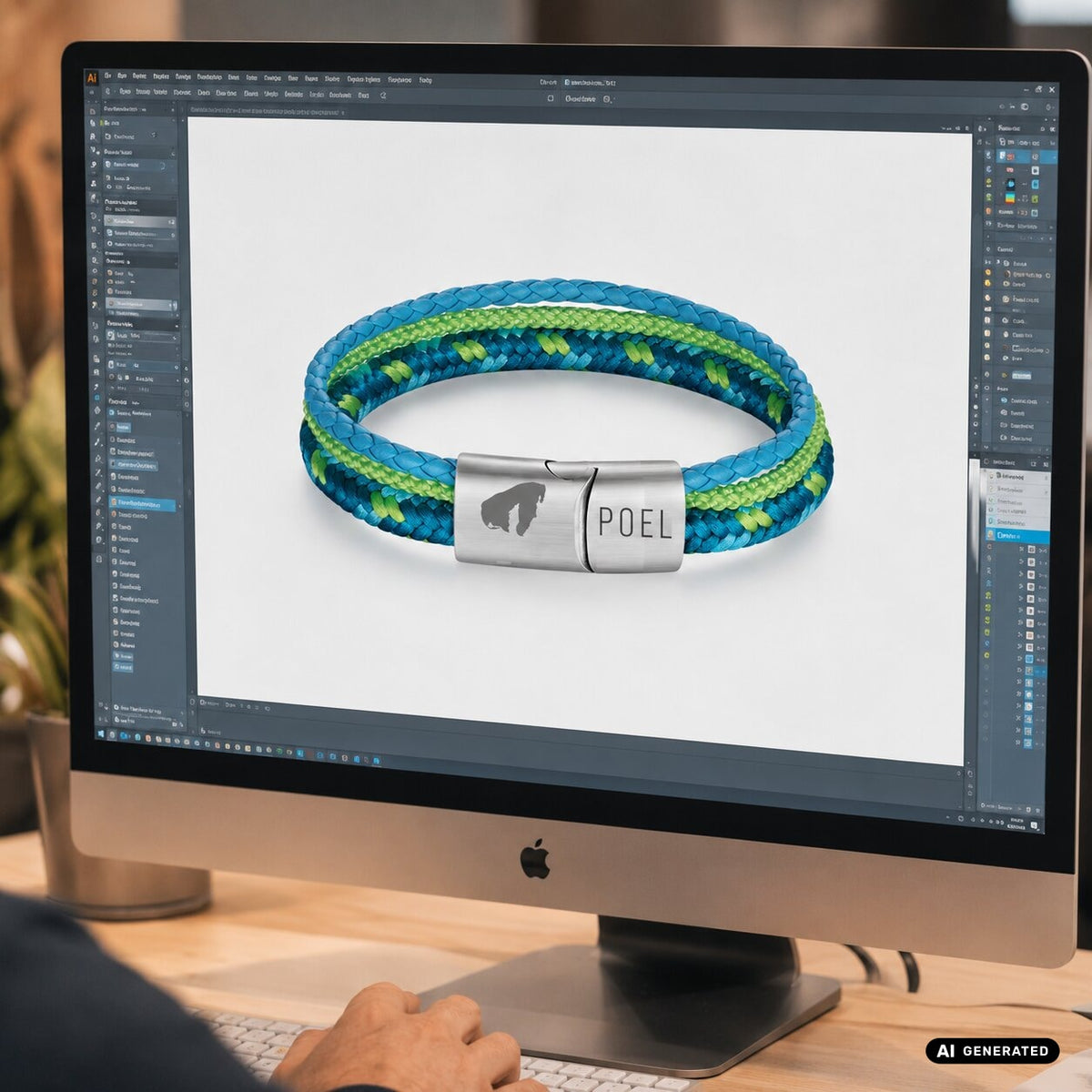 Monitor mit Designentwurf eines blau-grünen Armbands mit graviertem Verschluss als Sonderanfertigung