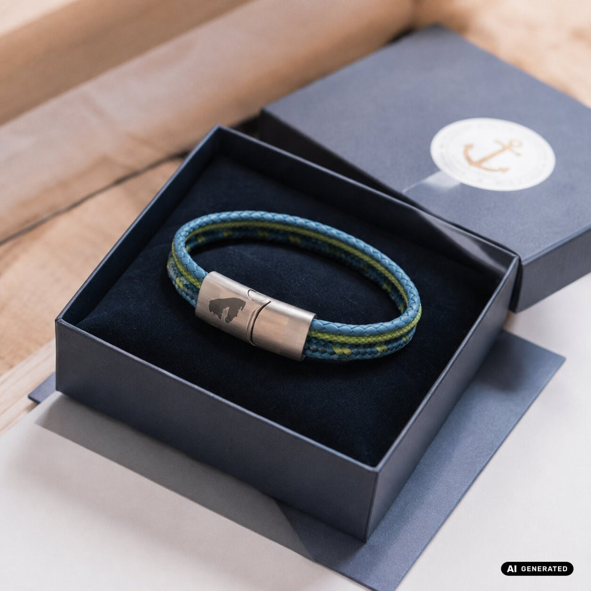 Blau-grün gemustertes Armband mit silberfarbenem Verschluss in der dunkelblauen Deichbrise Geschenkbox