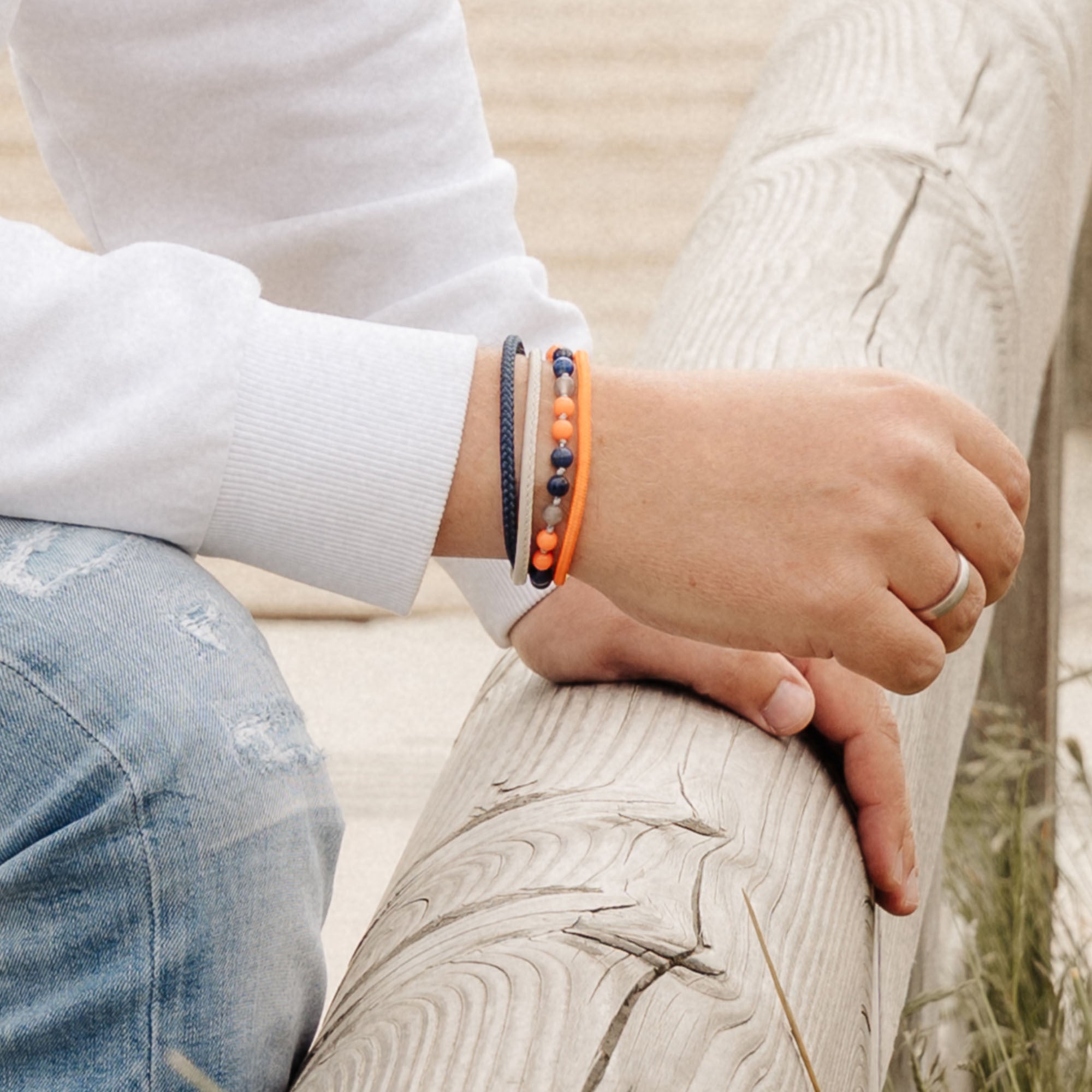 Armband Port Andratx (Multistrang) mit Segelseil, Leder, Wolkenquarz-Kristall, Lapislazuli & Acrylperlen