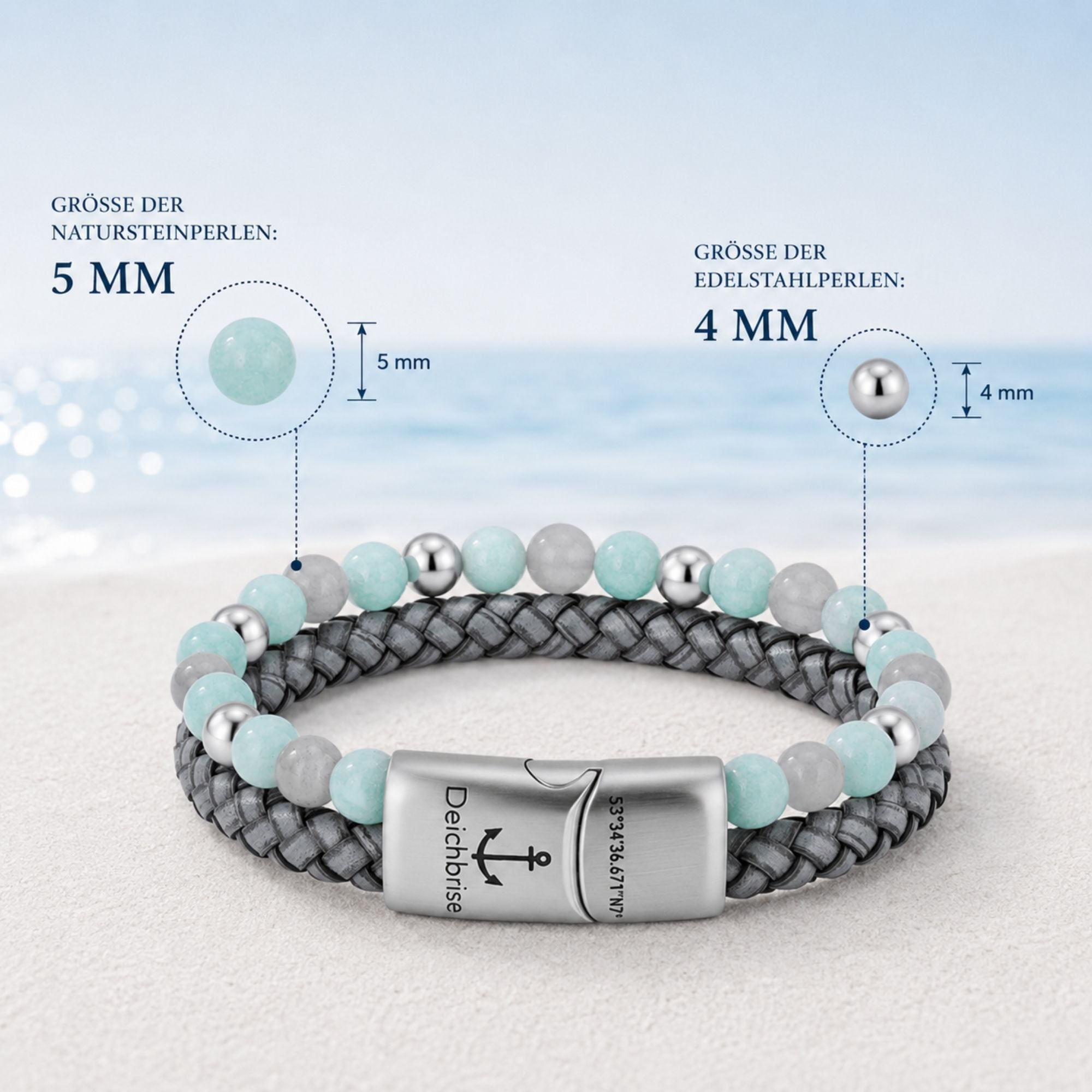 Armband Camp de Mar (Multistrang) aus Leder, Edelstahl, Amazonit Jade & Wolkenquarz-Kristall