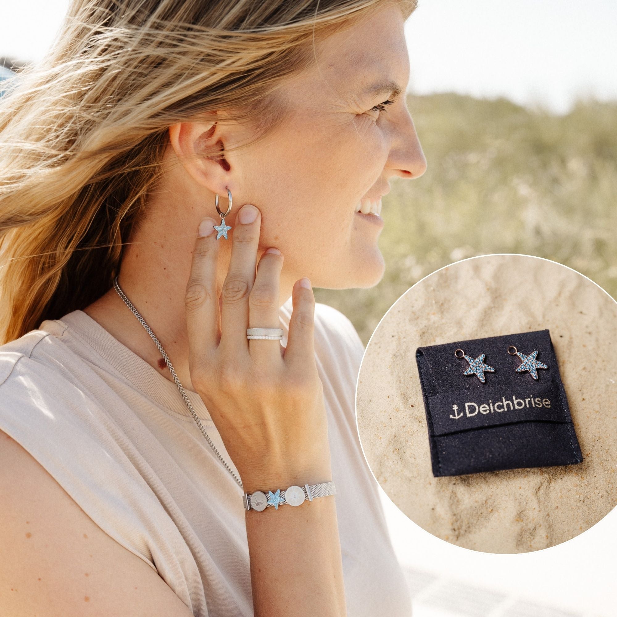 Charm für Ohrringe (Creolen) Seestern mit blauem Zirkonia (Paar)