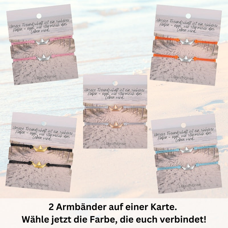 Freundschaftsarmbänder Papierschiffchen (2 Stück) aus Wachs-Seil & Edelstahl