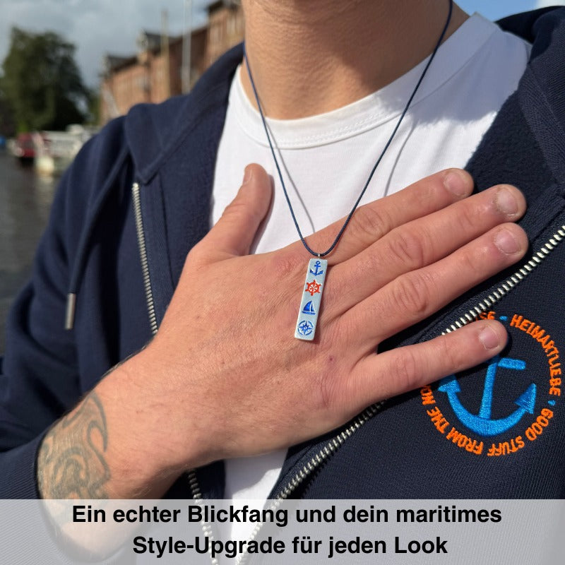 925er Silber-Kette "Steuermanns Heimathafen" (leuchtturmrot-meeresblau) (Wachs-Cord)