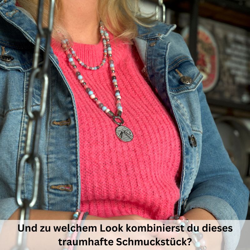 Kette Pellworm (6mm) mit Pink Jade, Quarz-Kristall, Roter Netz Jaspis und Edelstahl-Beads (mit Rund-Karabiner)