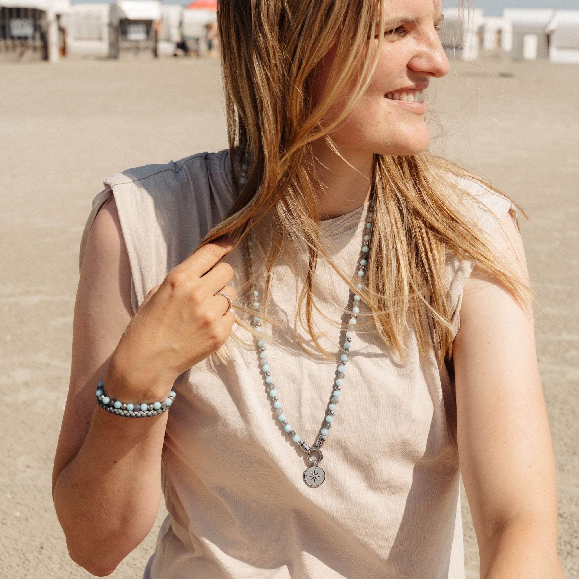 Armband Camp de Mar (Multistrang) aus Leder, Edelstahl, Amazonit Jade & Wolkenquarz-Kristall