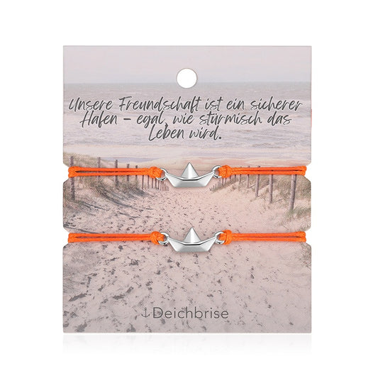 Freundschaftsarmbänder Papierschiffchen (2 Stück) aus Wachs-Seil & Edelstahl