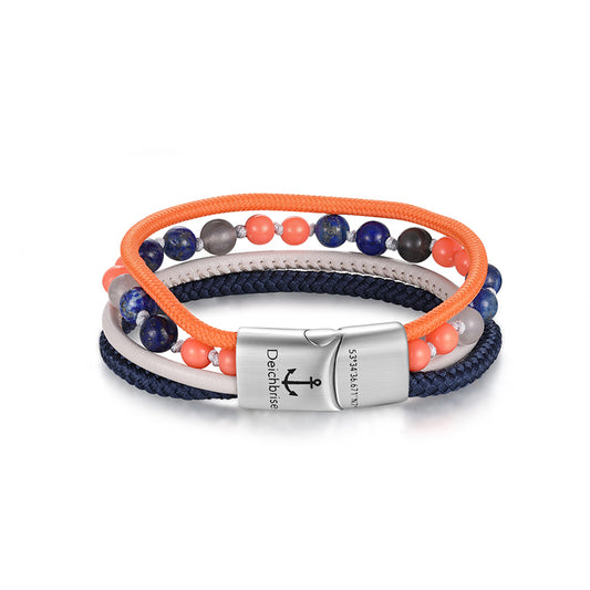 Armband Port Andratx (Multistrang) mit Segelseil, Leder, Wolkenquarz-Kristall, Lapislazuli & Acrylperlen