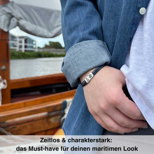 925er Silber-Armband "Steuermann" (nebelblau-schwarz) (Wachs-Cord)