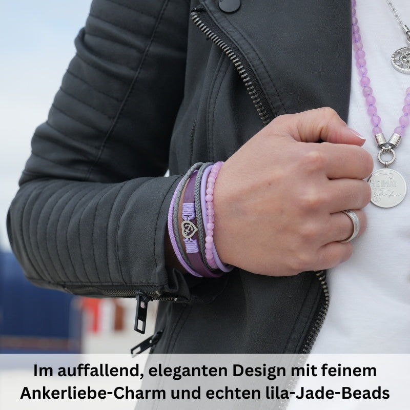 Armband Ankerliebe (Multistrang) mit Segelseil, Leder & Lila Jade