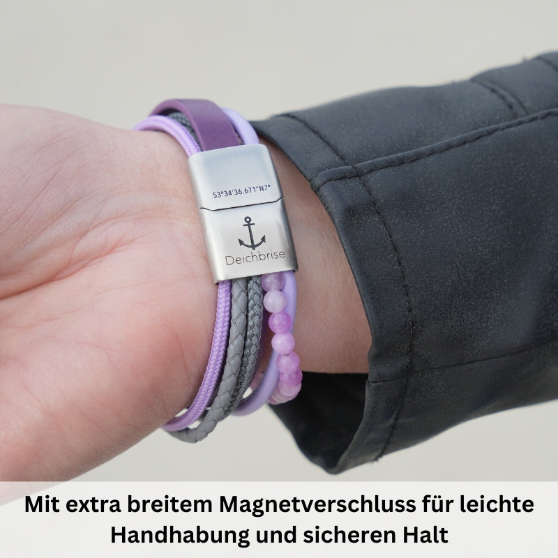 Armband Ankerliebe (Multistrang) mit Segelseil, Leder & Lila Jade