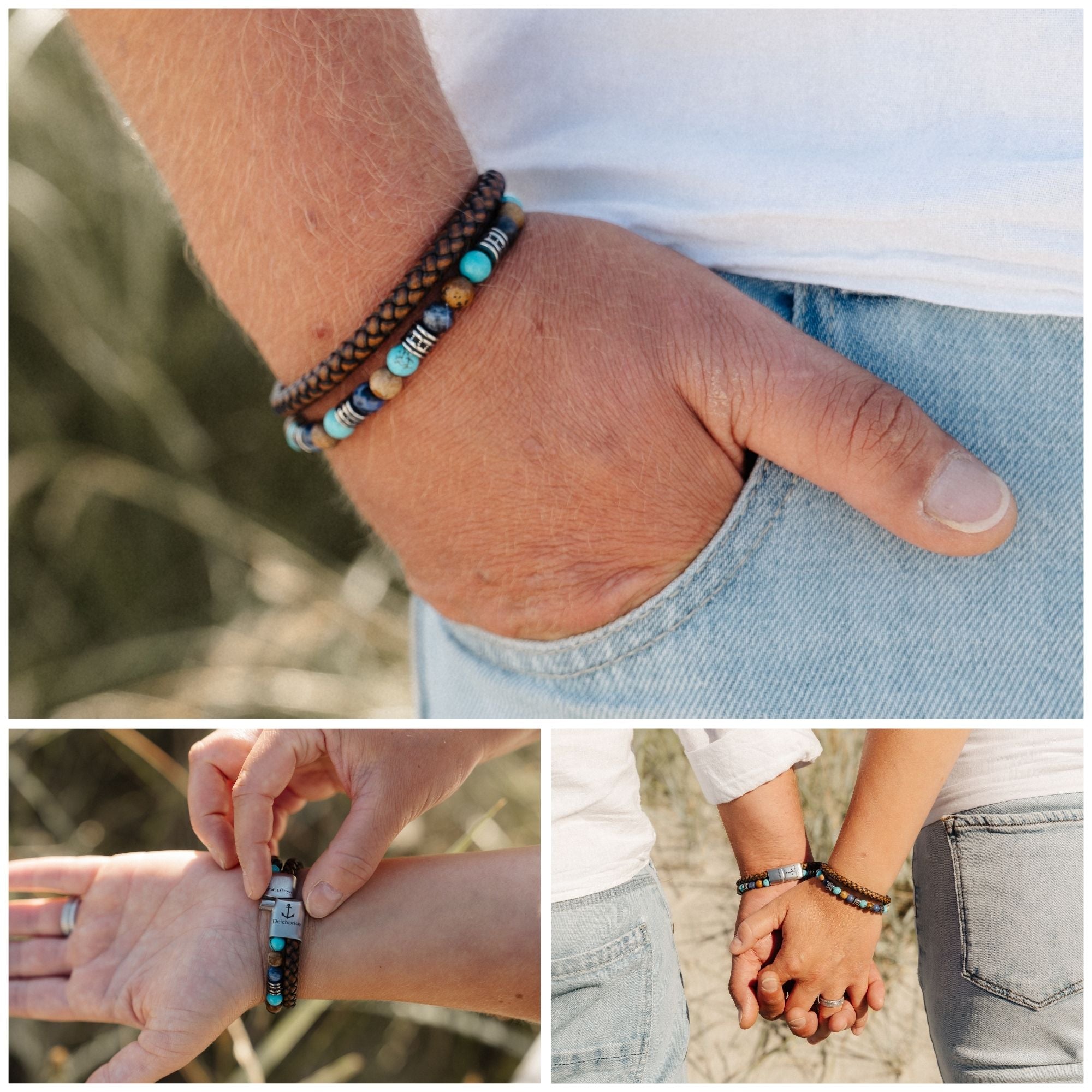 Armband Cala Varques (Multistrang) aus Leder, Edelstahl, Picture Jasper, Turquoise & Sodalith