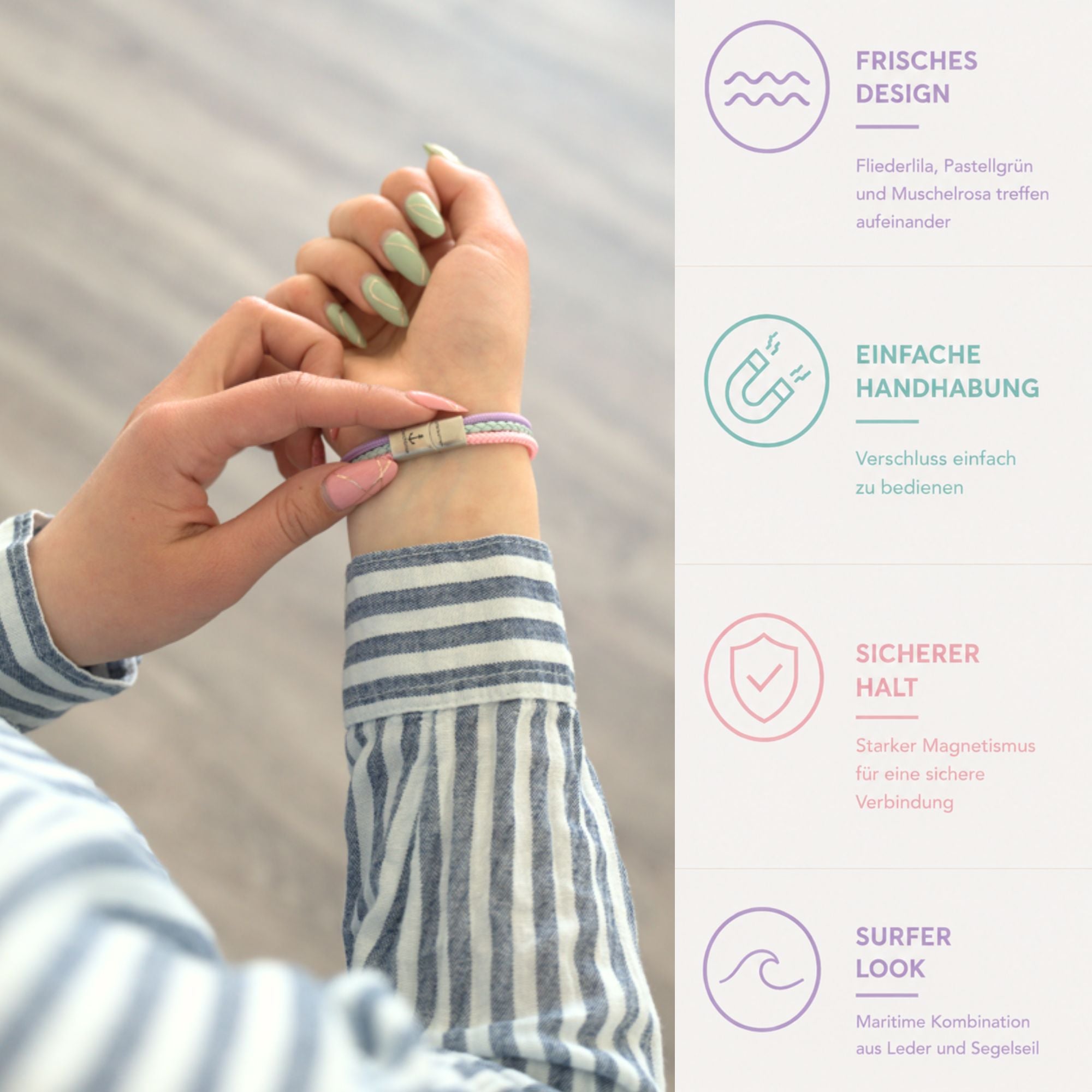 Leder & Segelseil Armband Zart-Pastell (Multistrang)
