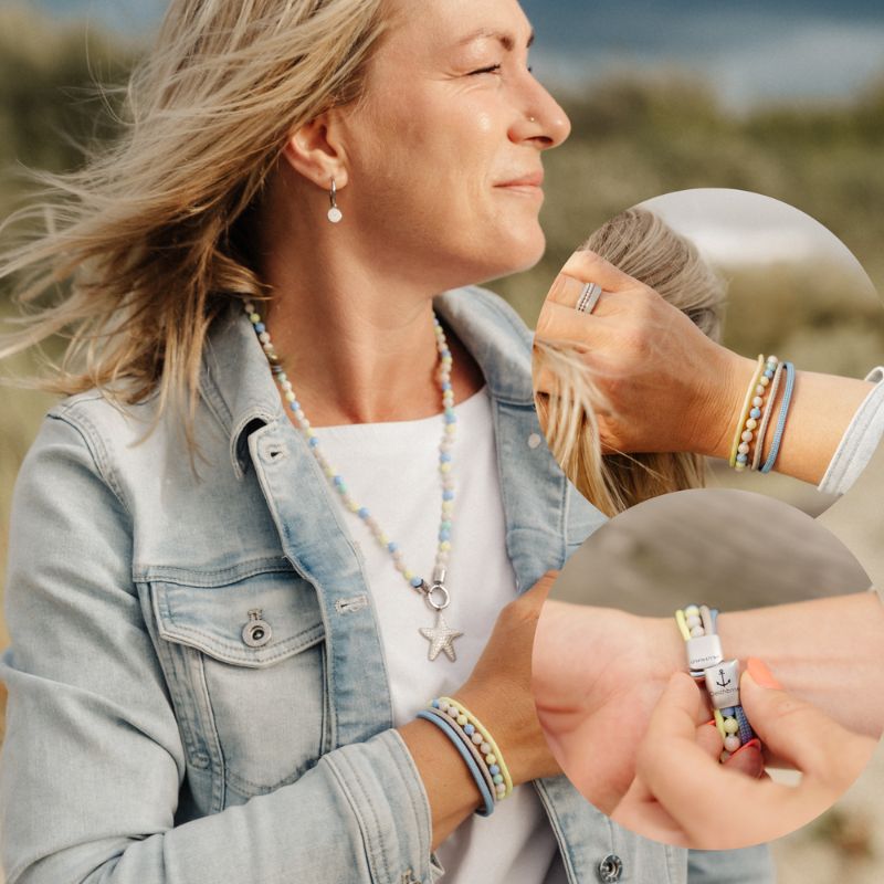Armband Summer Breeze (Multistrang) mit Segelseil, Leder, Glasperlen & Acrylperlen