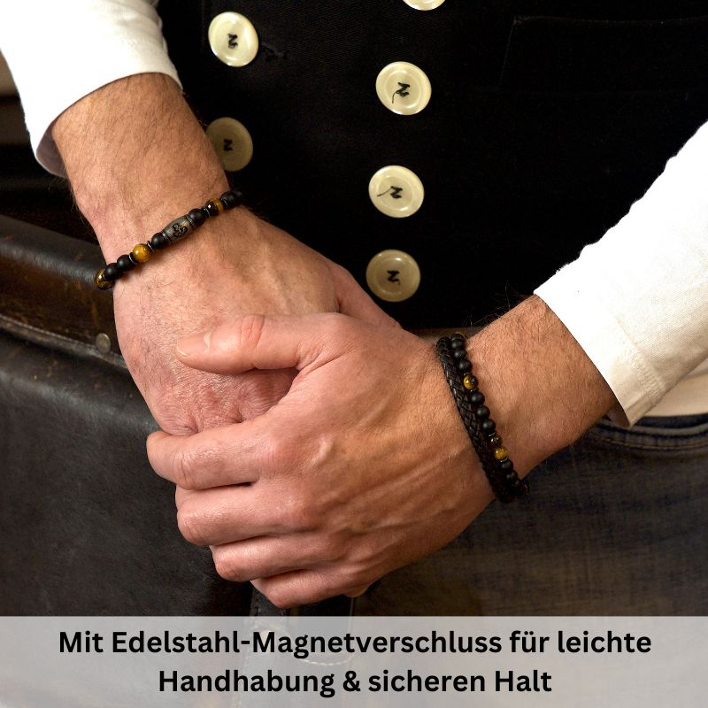 Armband Black Beach (Multistrang) Leder, Edelstahl, Onyx & Tiger-Eye (Kapitän rockt)