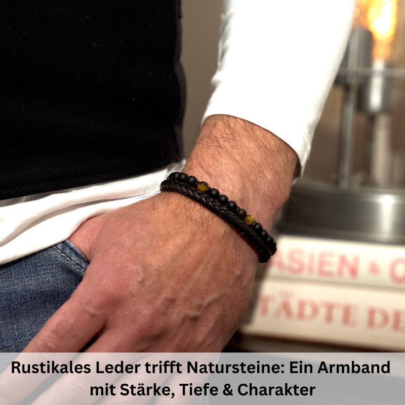 Armband Black Beach (Multistrang) Leder, Edelstahl, Onyx & Tiger-Eye (Kapitän rockt)