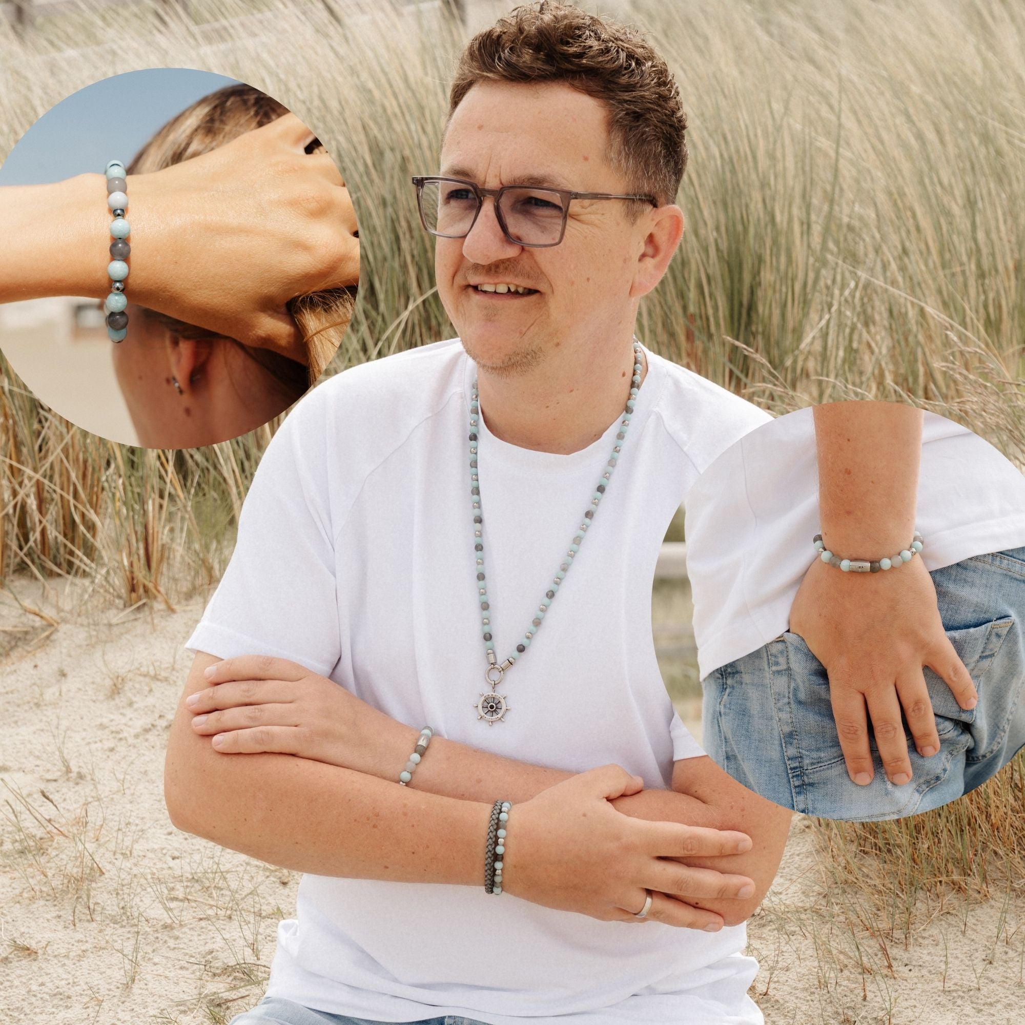 Armband Camp de Mar aus Edelstahl, Amazonit Jade & Wolkenquarz-Kristall