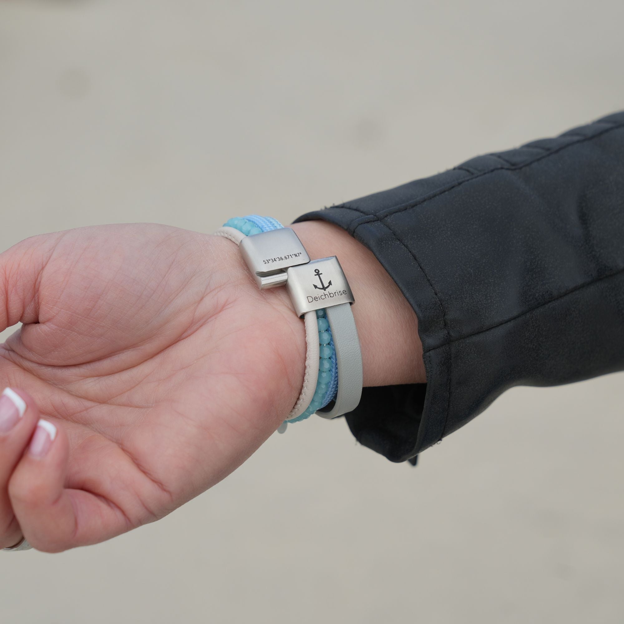 Armband Welle (Multistrang) mit Segelseil, Leder & Glasperlen
