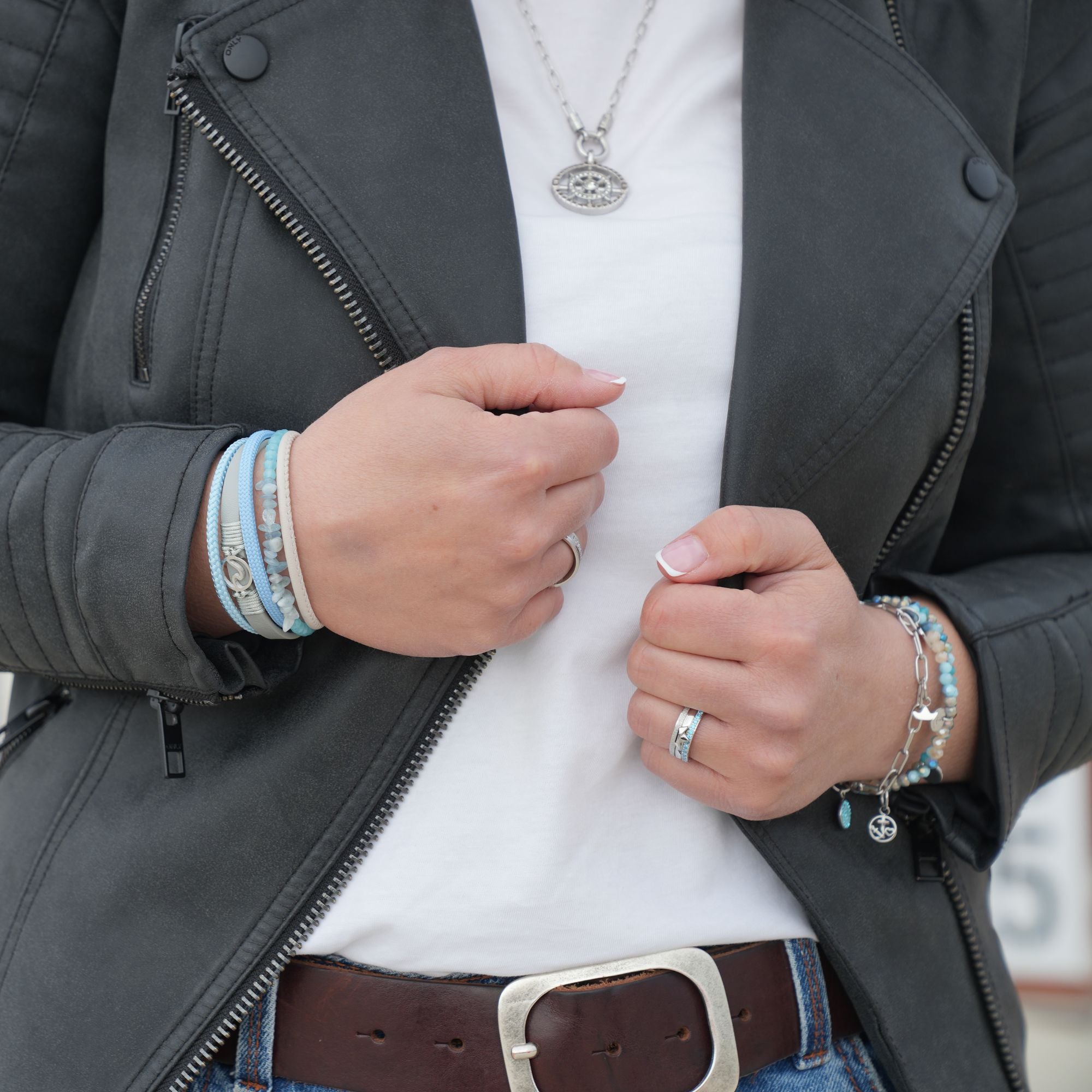 Armband Welle (Multistrang) mit Segelseil, Leder & Glasperlen