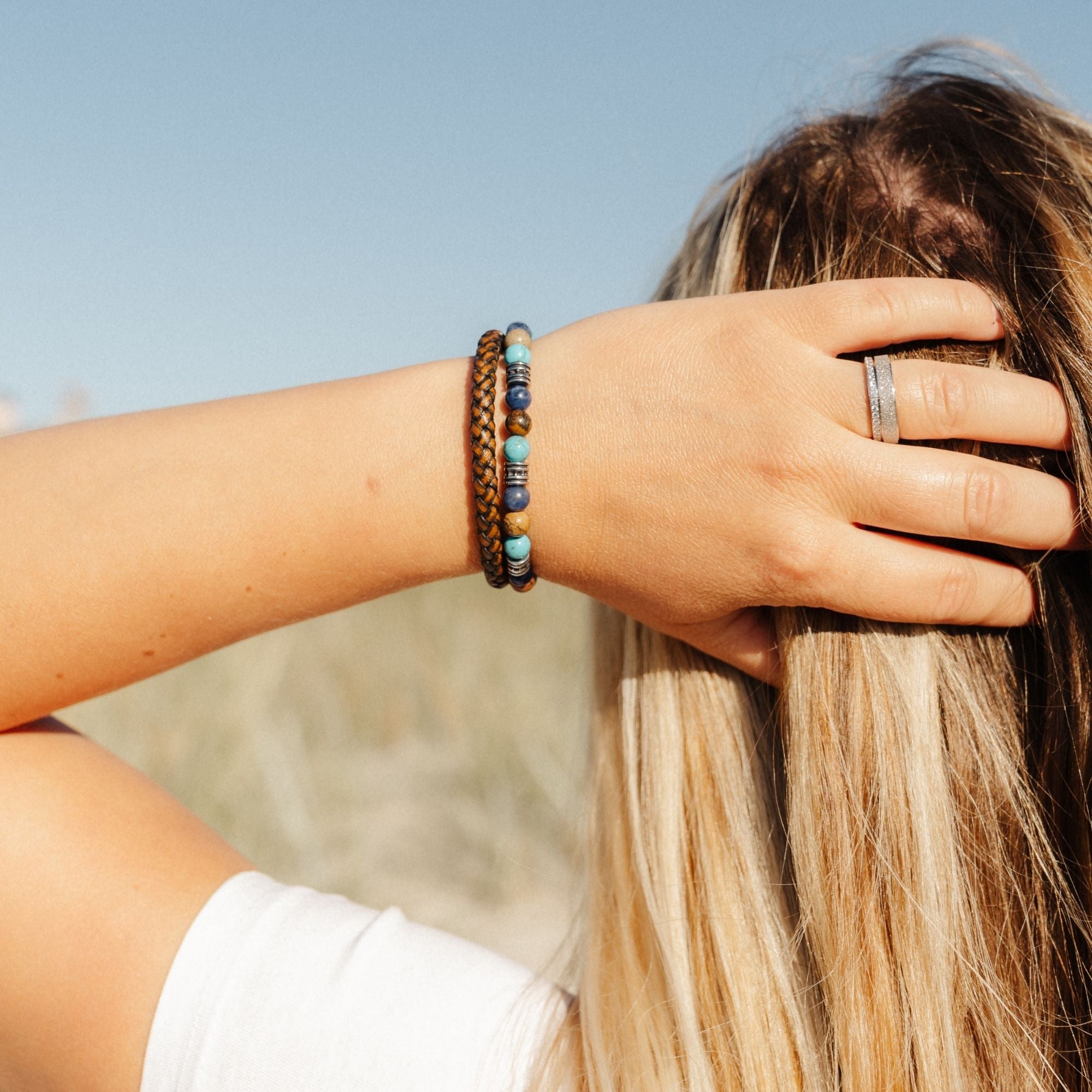 Armband Cala Varques (Multistrang) aus Leder, Edelstahl, Picture Jasper, Turquoise & Sodalith