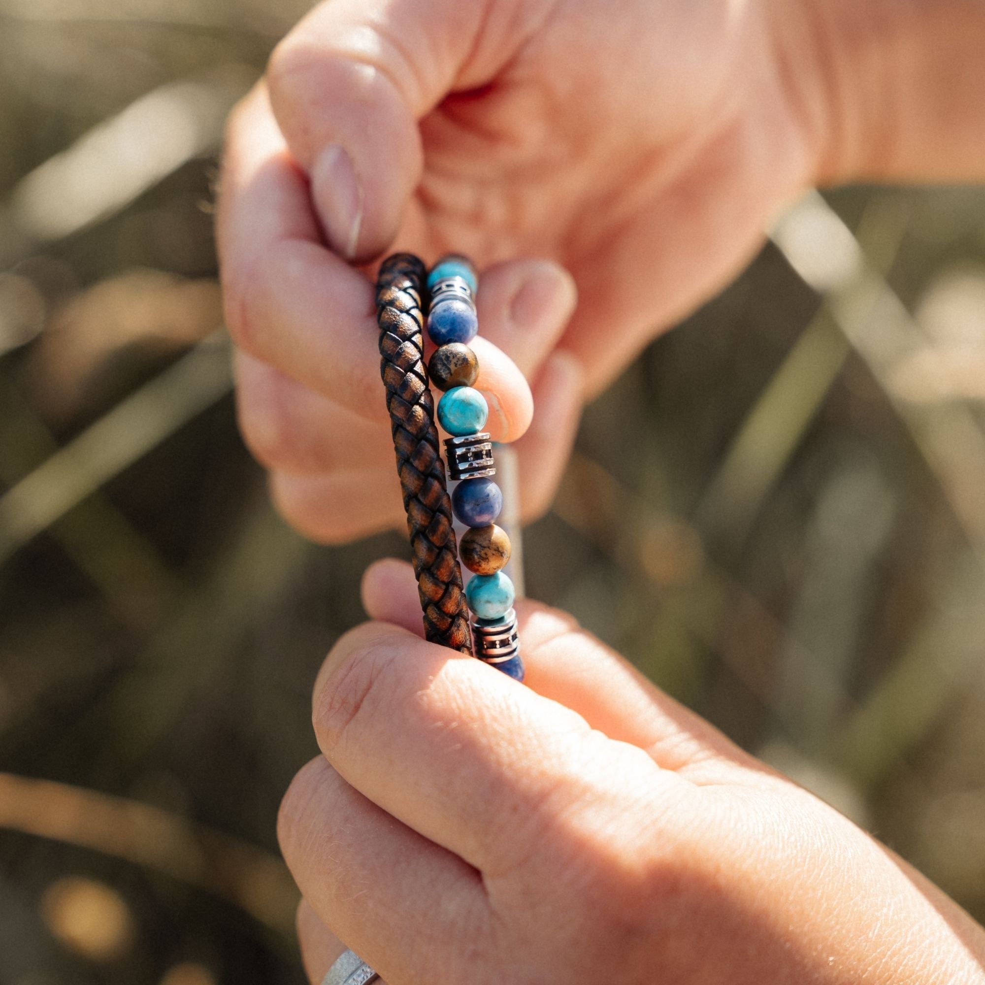 Armband Cala Varques (Multistrang) aus Leder, Edelstahl, Picture Jasper, Turquoise & Sodalith