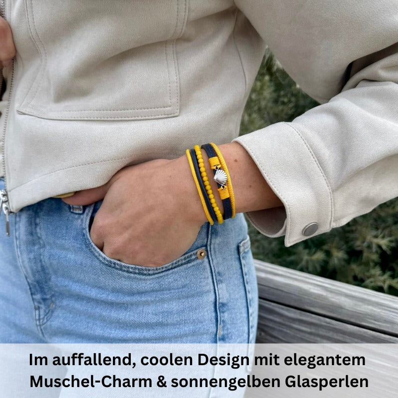 Armband Muschel (Multistrang) mit Segelseil, Leder & Glasperlen