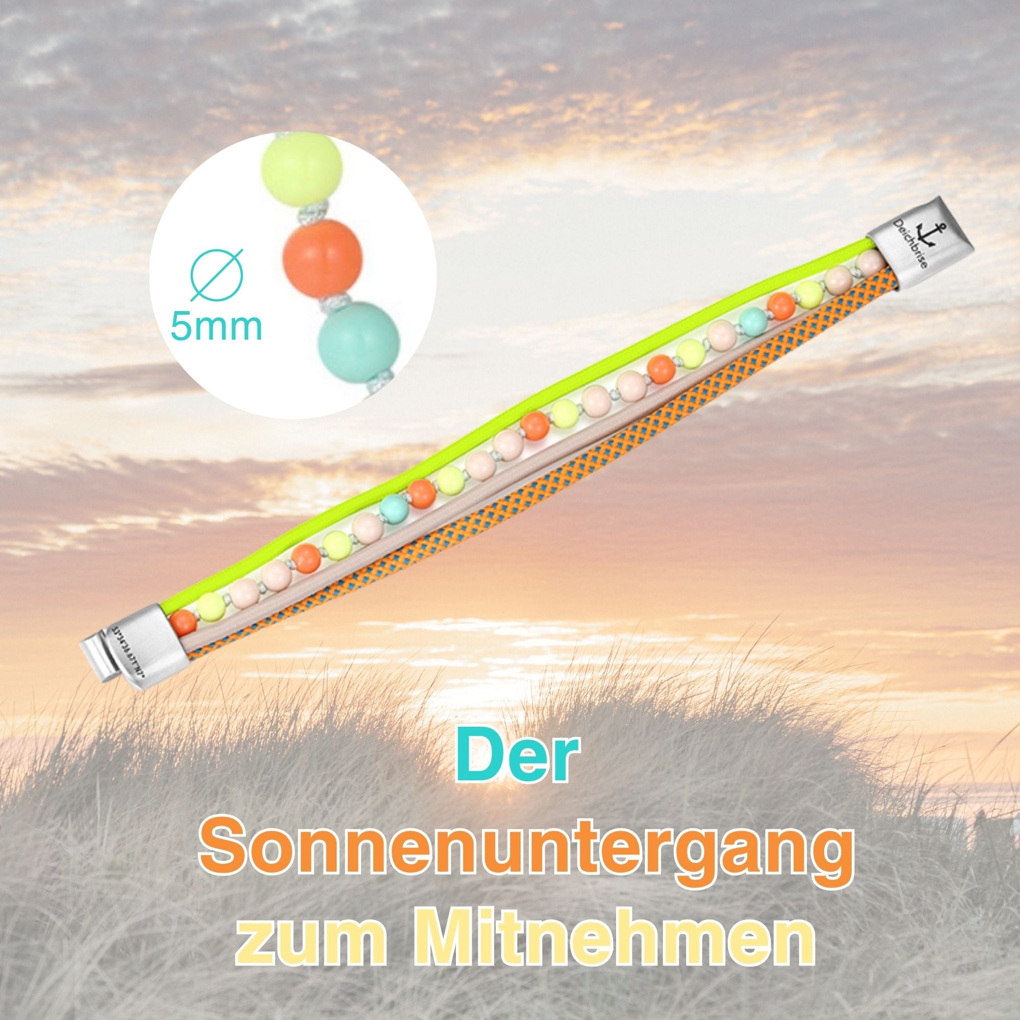 Armband Summer Sunset (Multistrang) mit Segelseil, Leder, Glasperlen & Acrylperlen