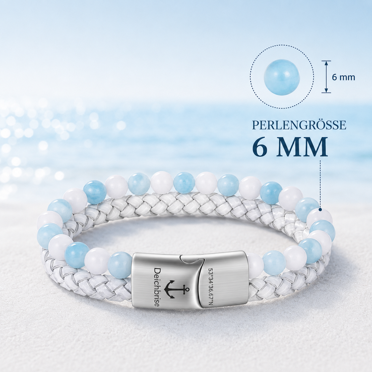 Armband Cala Blanca (Multistrang) mit Leder, Porzellan Weiße Jade & Persische Jade