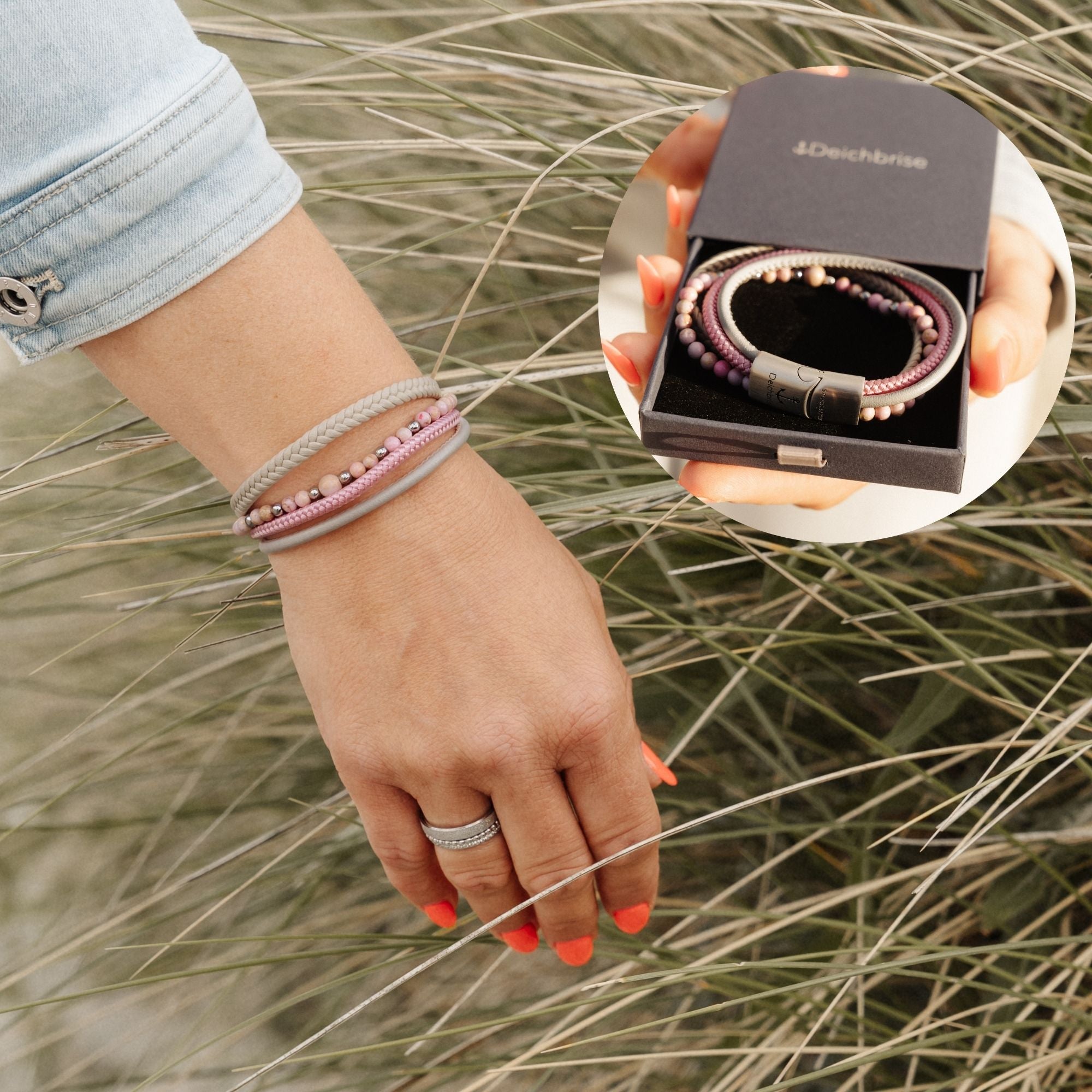 Armband Playa de Rosa (Multistrang) Leder, Segeltau & Kaiserkiefer Perlen