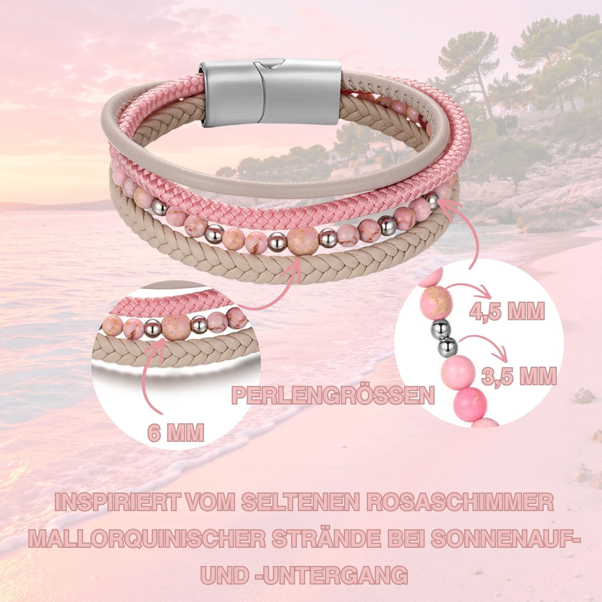 Armband Playa de Rosa (Multistrang) Leder, Segeltau & Kaiserkiefer Perlen