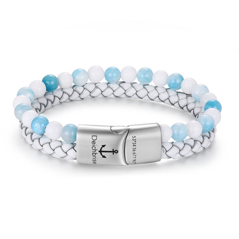 Armband Cala Blanca (Multistrang) mit Leder, Porzellan Weiße Jade & Persische Jade