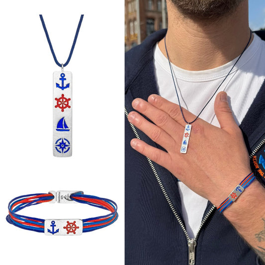 Schmuck-Set "Steuermanns Heimathafen" (leuchtturmrot-meeresblau) (Wachs-Cord)