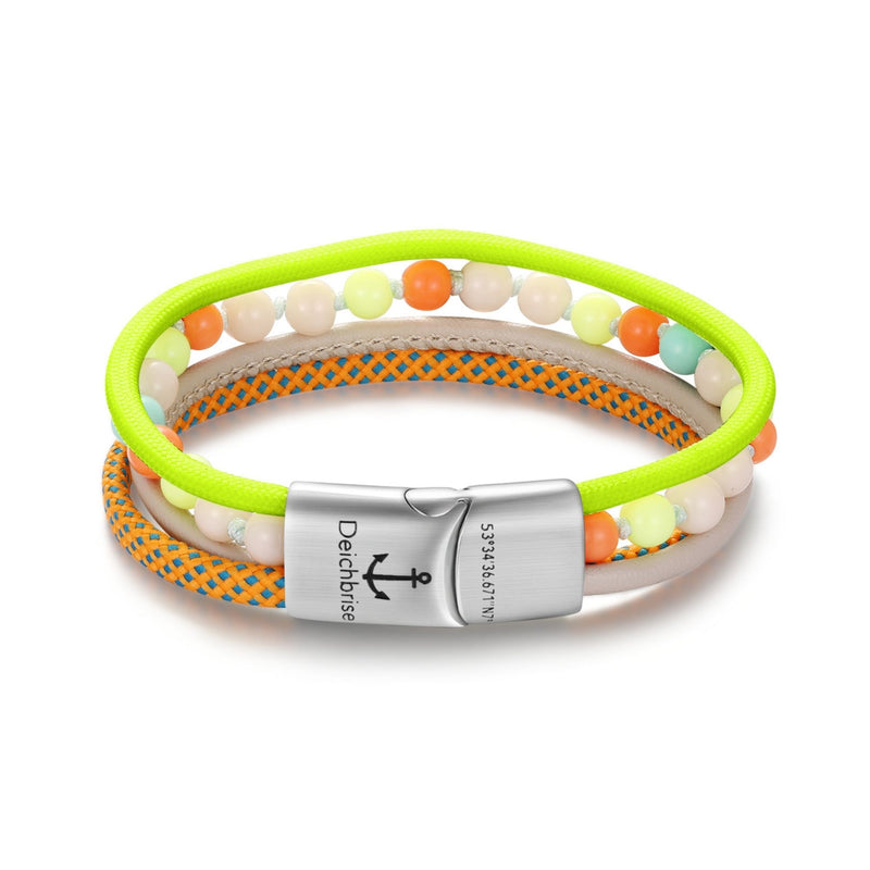 Armband Summer Sunset (Multistrang) mit Segelseil, Leder, Glasperlen & Acrylperlen