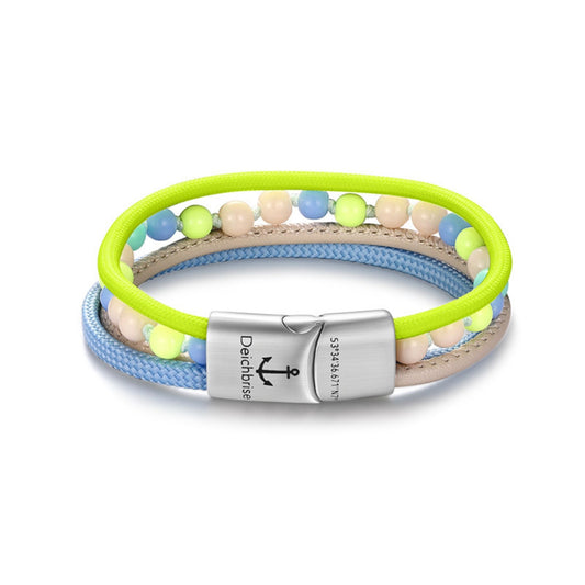 Armband Summer Breeze (Multistrang) mit Segelseil, Leder, Glasperlen & Acrylperlen