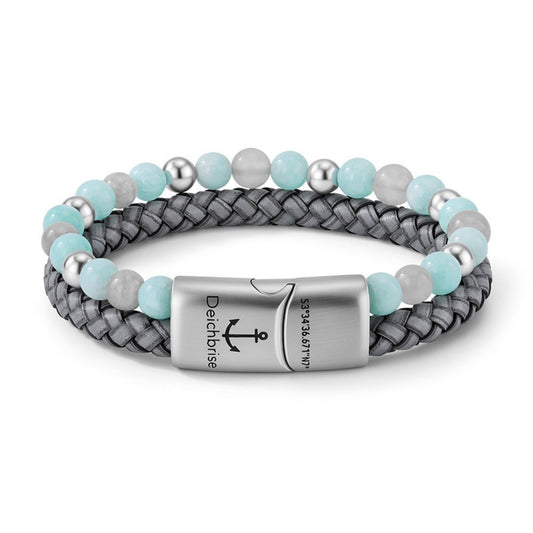 Armband Camp de Mar (Multistrang) aus Leder, Edelstahl, Amazonit Jade & Wolkenquarz-Kristall