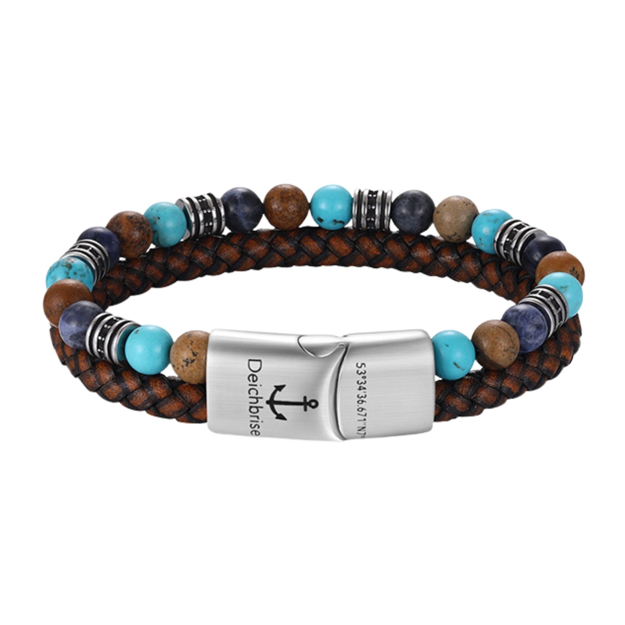 Armband Cala Varques (Multistrang) aus Leder, Edelstahl, Picture Jasper, Turquoise & Sodalith