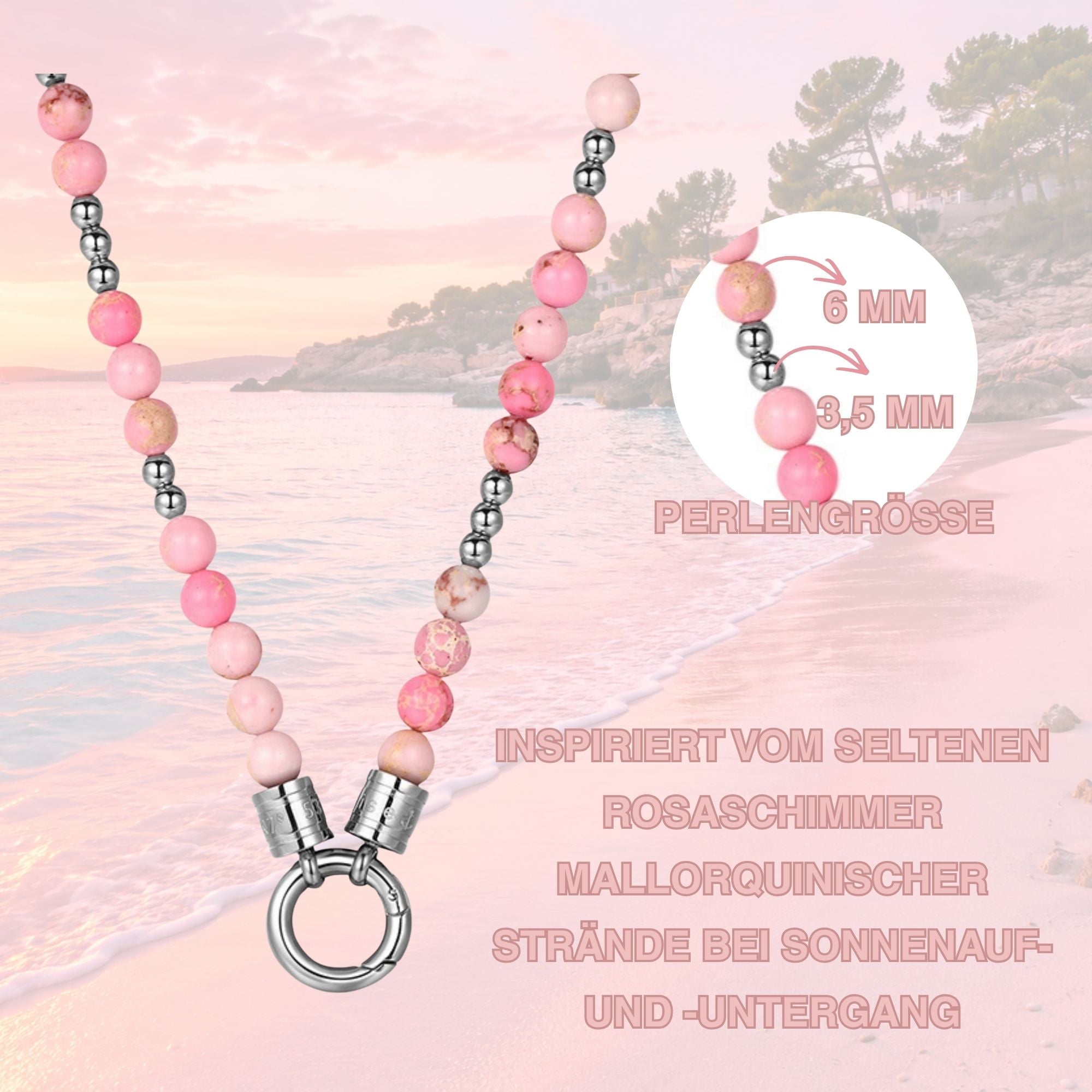 Kette Playa de Rosa 6mm (mit Rund-Karabiner) aus Edelstahl & Kaiserkiefer Perlen