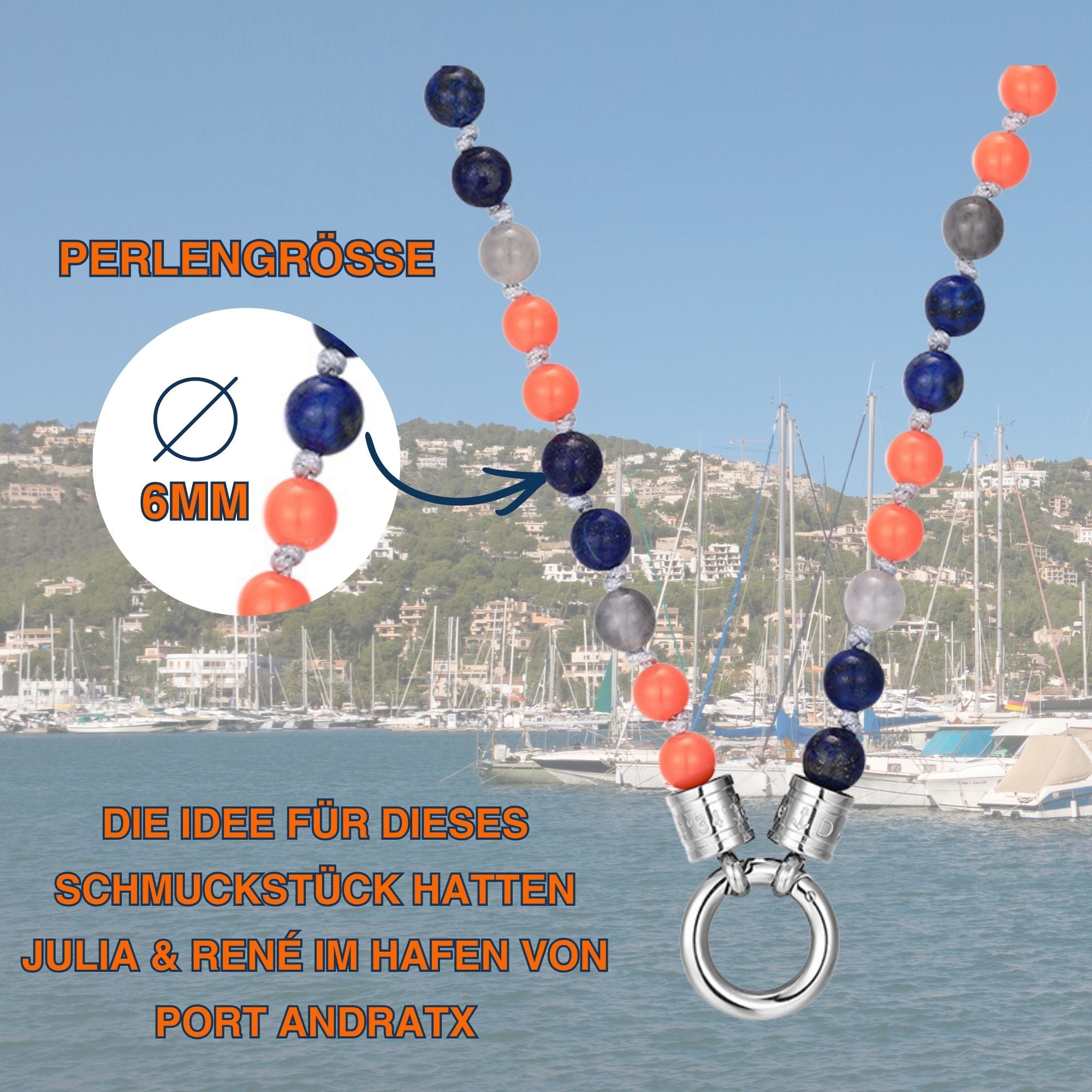 Kette Port Andratx 6mm (mit Rund-Karabiner) aus Wolkenquarz-Kristall, Lapislazuli, Acrylperlen & Edelstahl