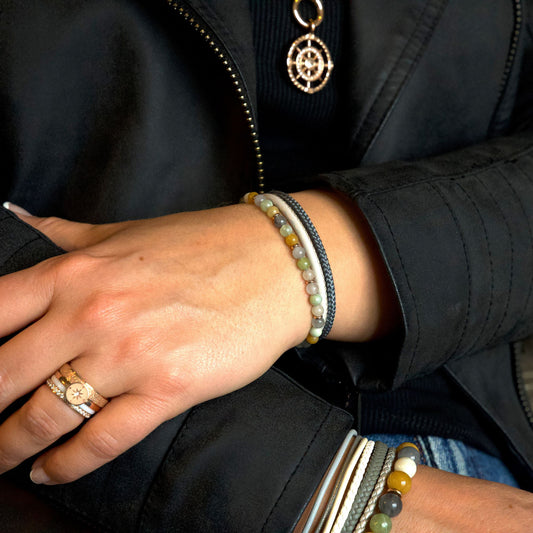 Armband Joleen (Multistrang) Leder, Segelseil, Quarz Kristall, Jade & Edelstahl Beads