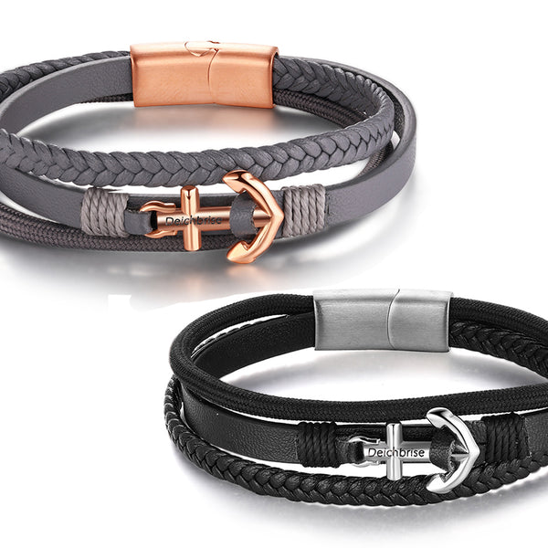 Armband Küstengirl (Multistrang) Leder & Tau mit Edelstahl Anker